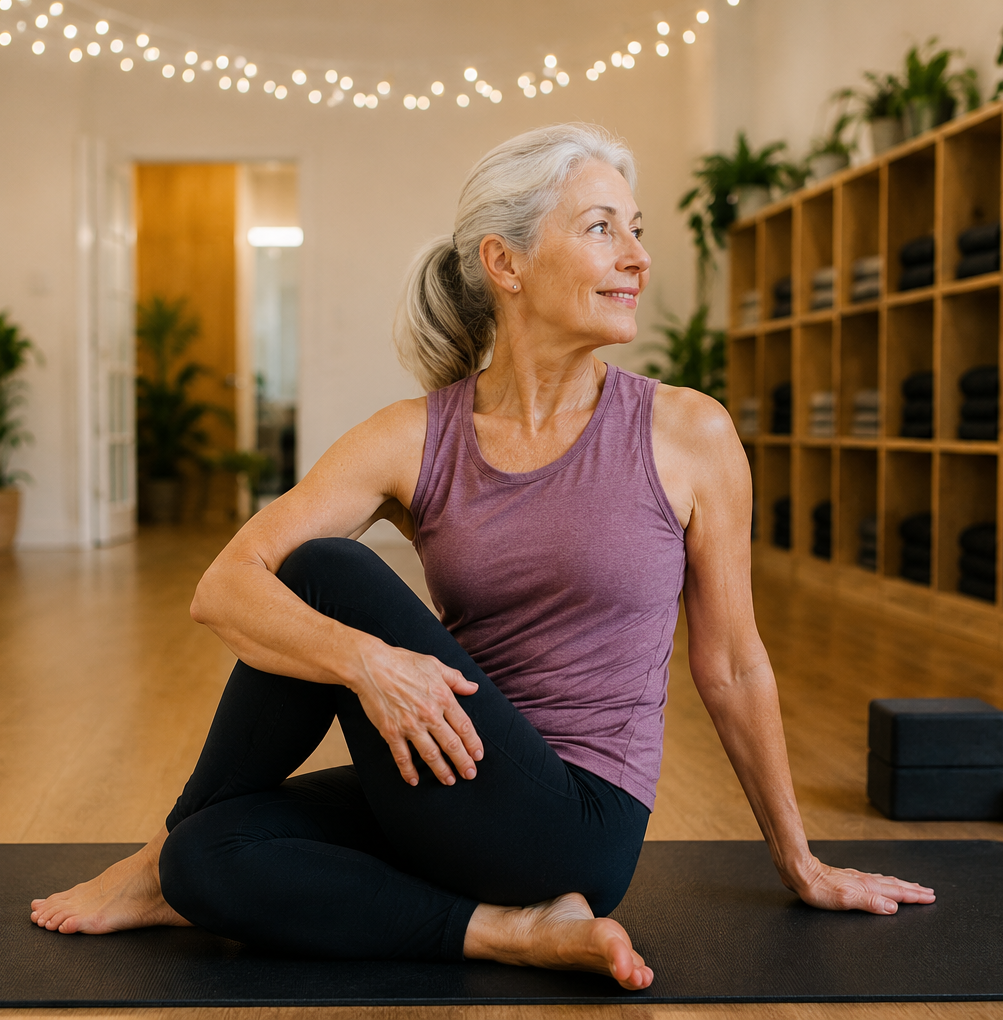 Two women of different generations practicing pilates side by side at Homegrown Yoga