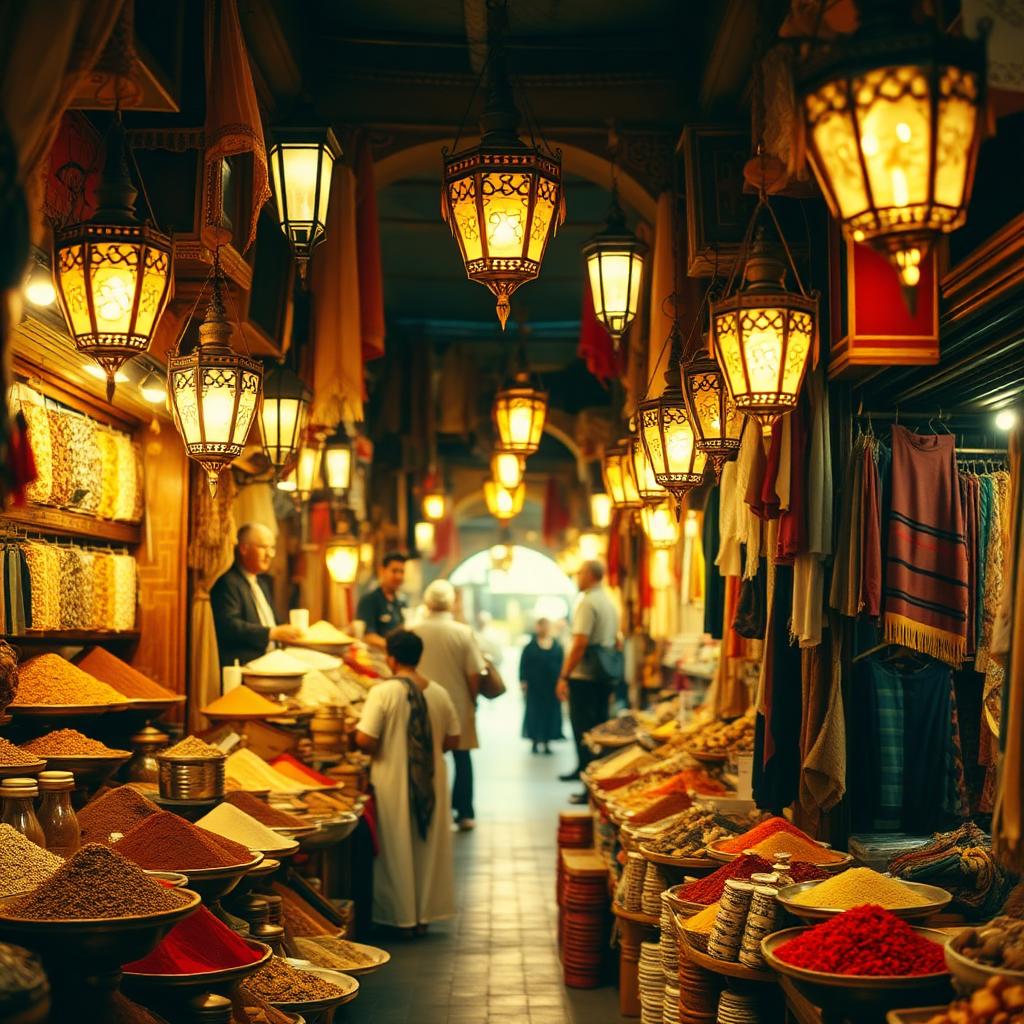 Colorful Marrakech souk with lanterns
