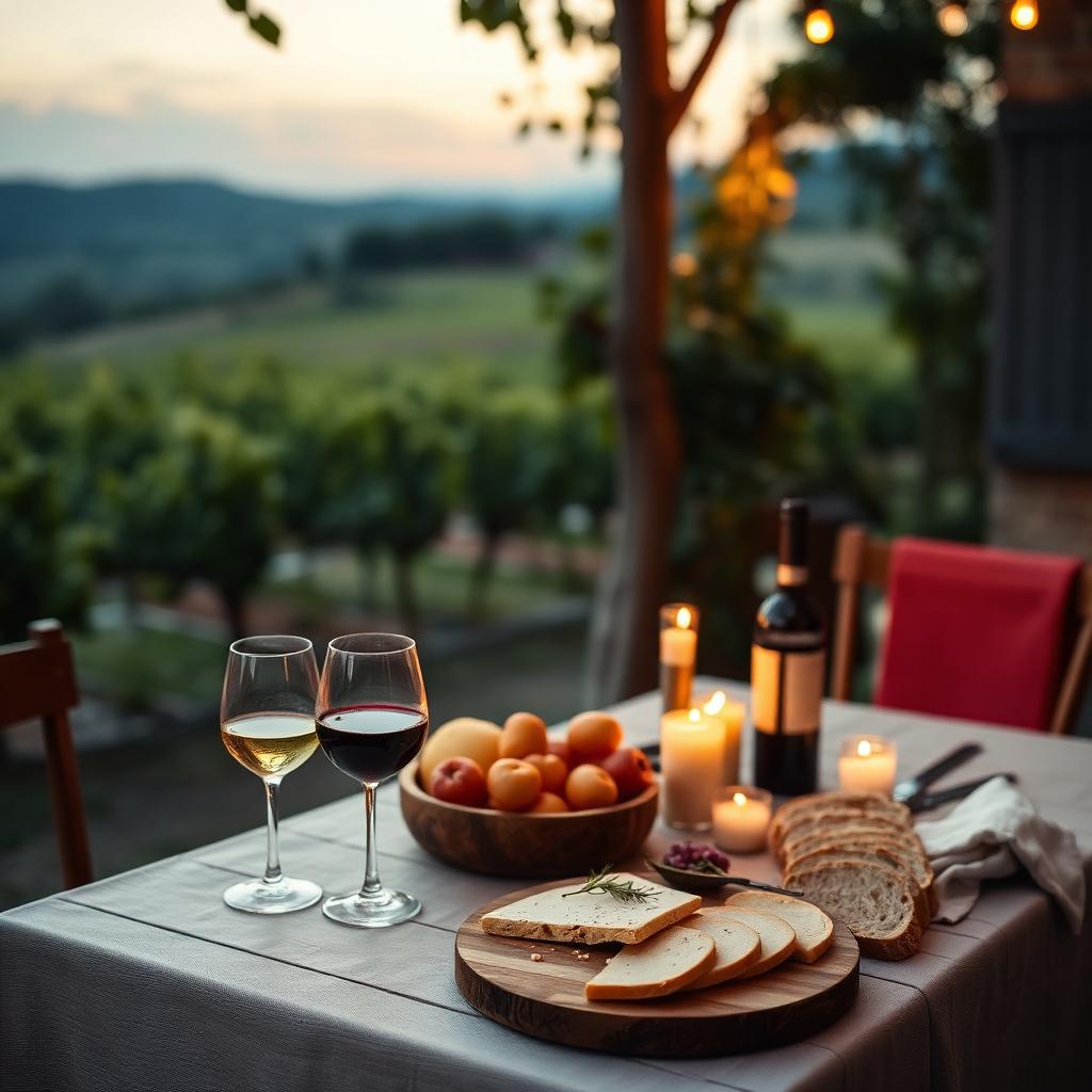 Outdoor table with wine and cheese over vineyard view